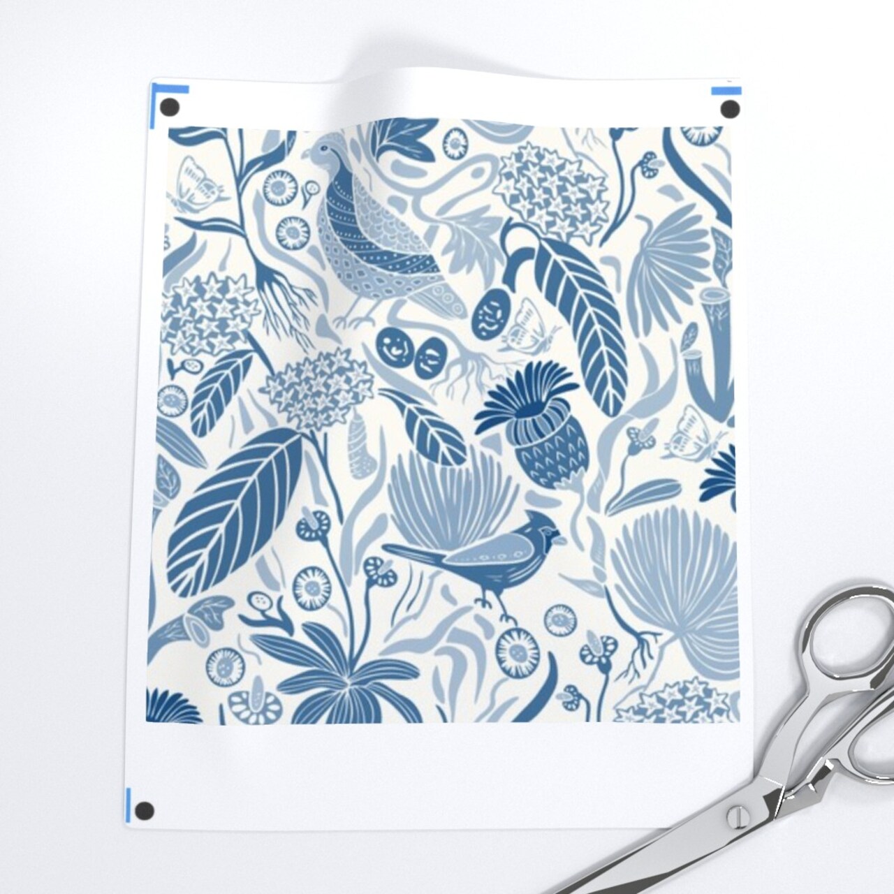 Blue Nature Birds Plant Cardinal Botanical Meadow Chintz Quail Southern Medium Scale Custom Printed Fabric by Spoonflower Various Fabrics by the Yard or Fat Quarter